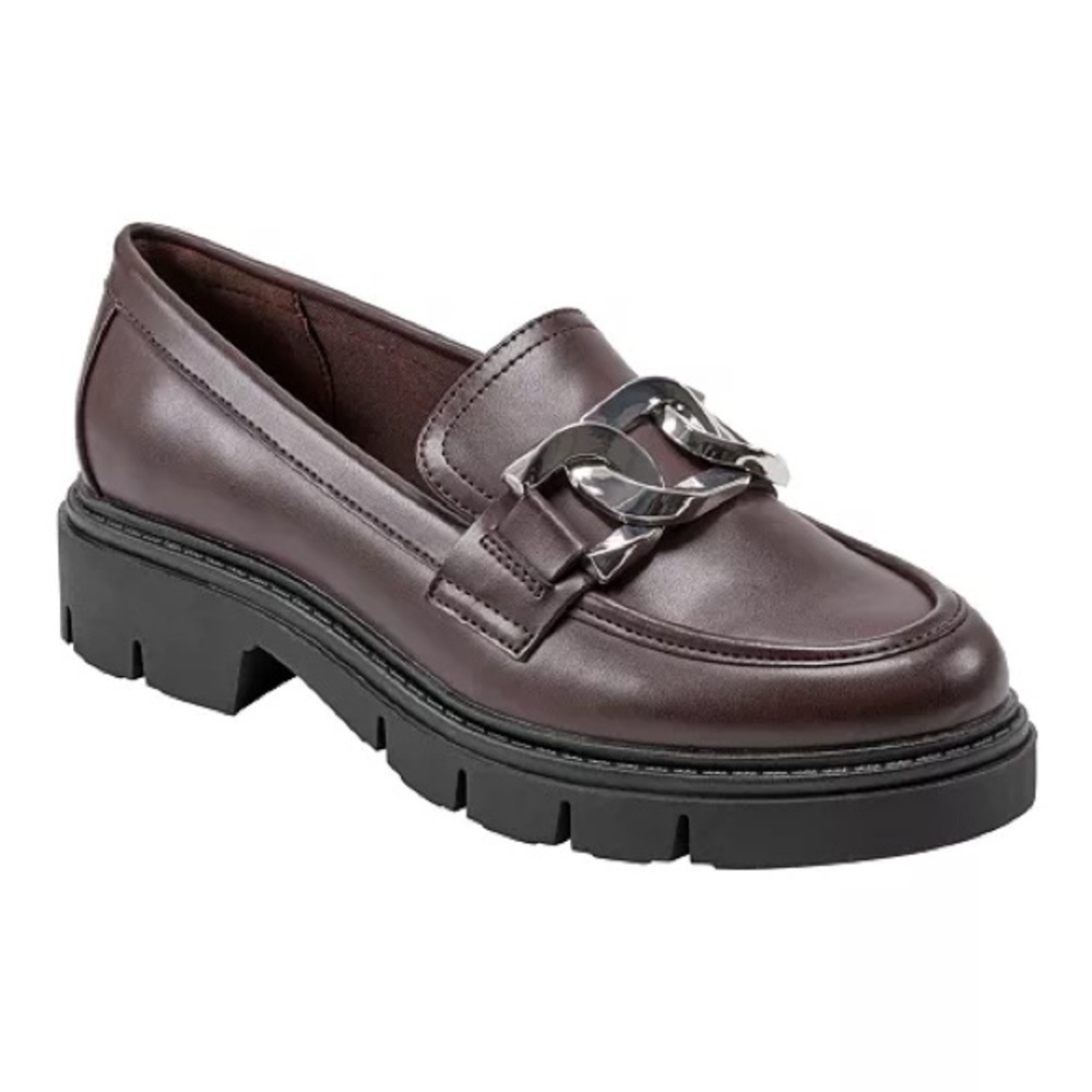 Marc Fisher Women's Lug-Soled Loafer in Dark Brown with Silver Chain